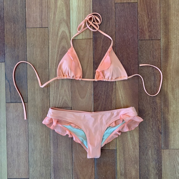 Victoria's Secret Other - Victorias Secret Swim Peach Orange Ruffle Triangle Bikini Cheeky Brazilian XS S